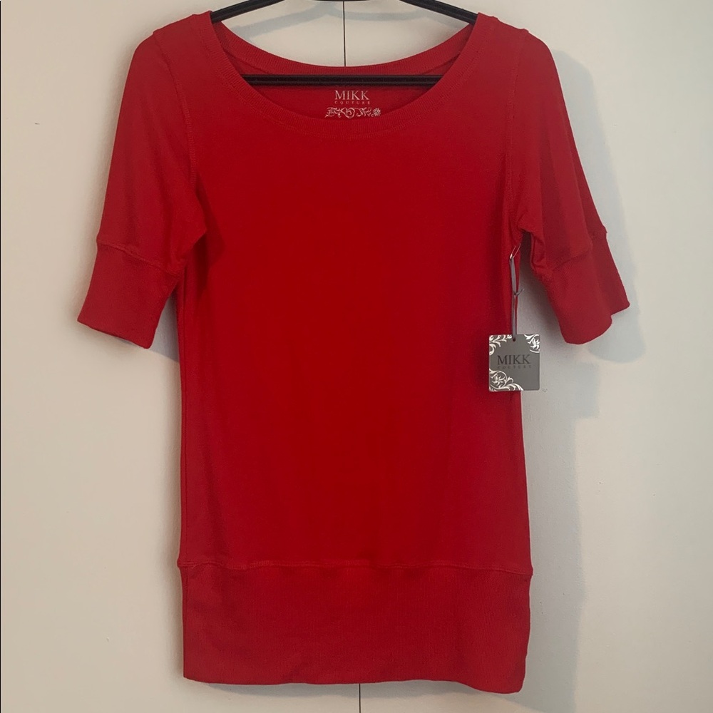 New MIKK Couture Red 3/4 Sleeve Scoop Neck Ribbed Trim Top Size Medium